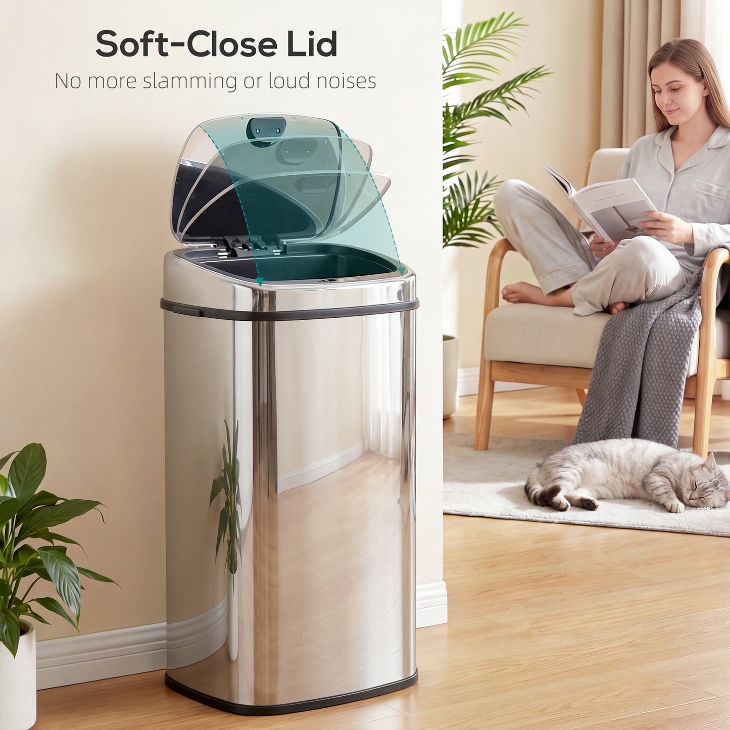 HOMCOM 68L Automatic Sensor Bin, Touchless Stainless Steel Kitchen Rubbish Bin, Hands-Free Infrared Waste Dustbin, Motion Trash Can with Manual Button for Home Office, Silver
