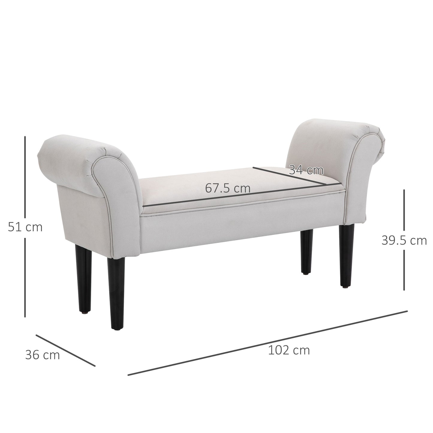 HOMCOM End of Bed Bench, Upholstered Window Seat with Arms and Wooden Legs, Modern Shoe Bench for Entryway, Living Room, Bedroom, Greyish White