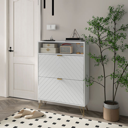 HOMCOM 12 Shoe Storage Cabinet with Chevron Indents and Gold Tone Accents - White