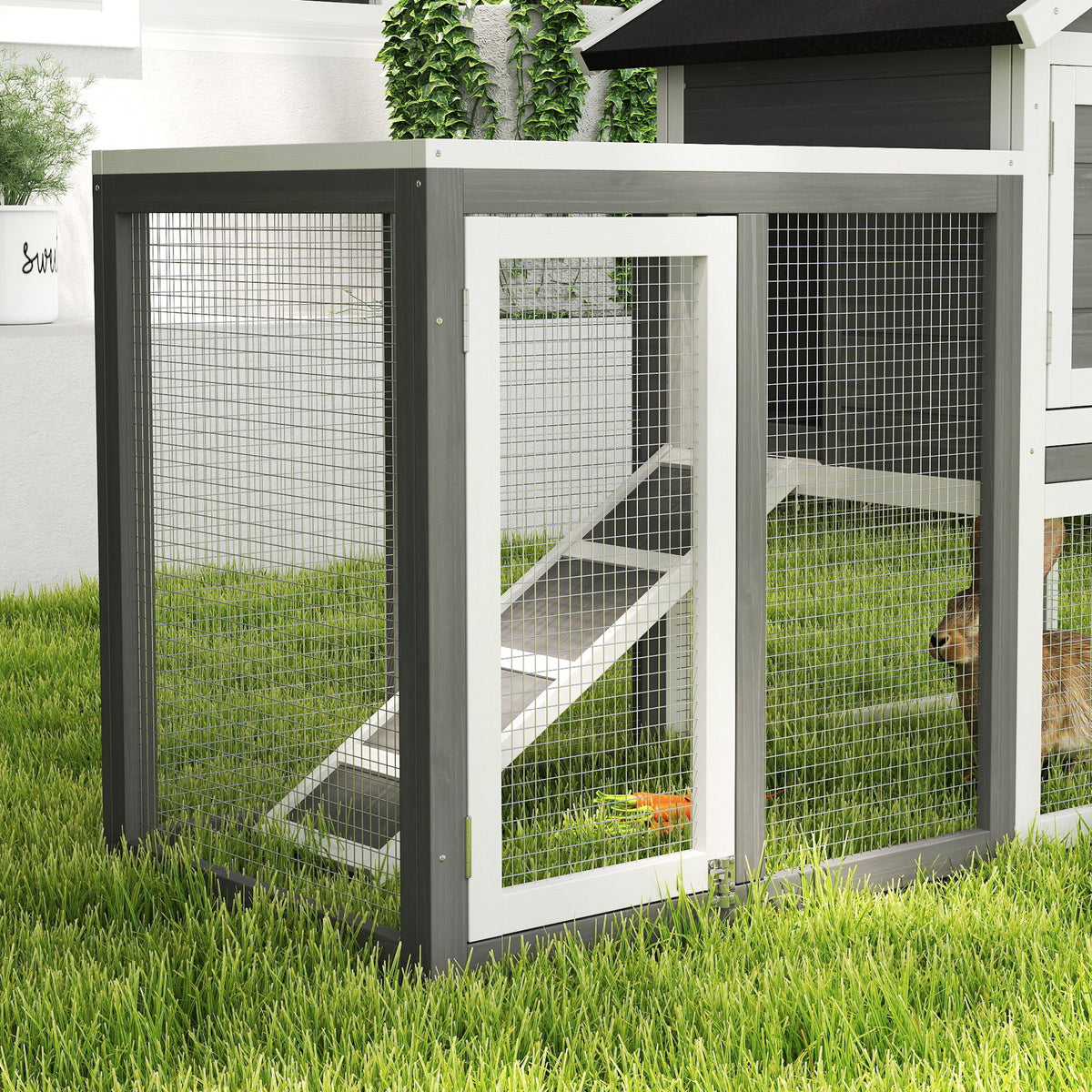 PawHut Rabbit Hutch Outdoor Wooden Guinea Pig Hutch Rabbit Run Bunny Cage Small Animal House Pull-Out Tray, Grey, 124 x 63 x 93 cm