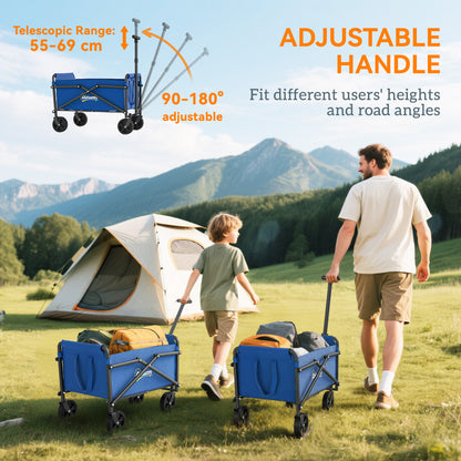 Outsunny 41L Festival Trolley on Wheels, Compact Garden Folding Trolley Cart, 60kg Heavy Duty Collapsible Foldable Wagon with Adjustable Handle and Carrying Bag for Beach, Camping, Festival, Blue