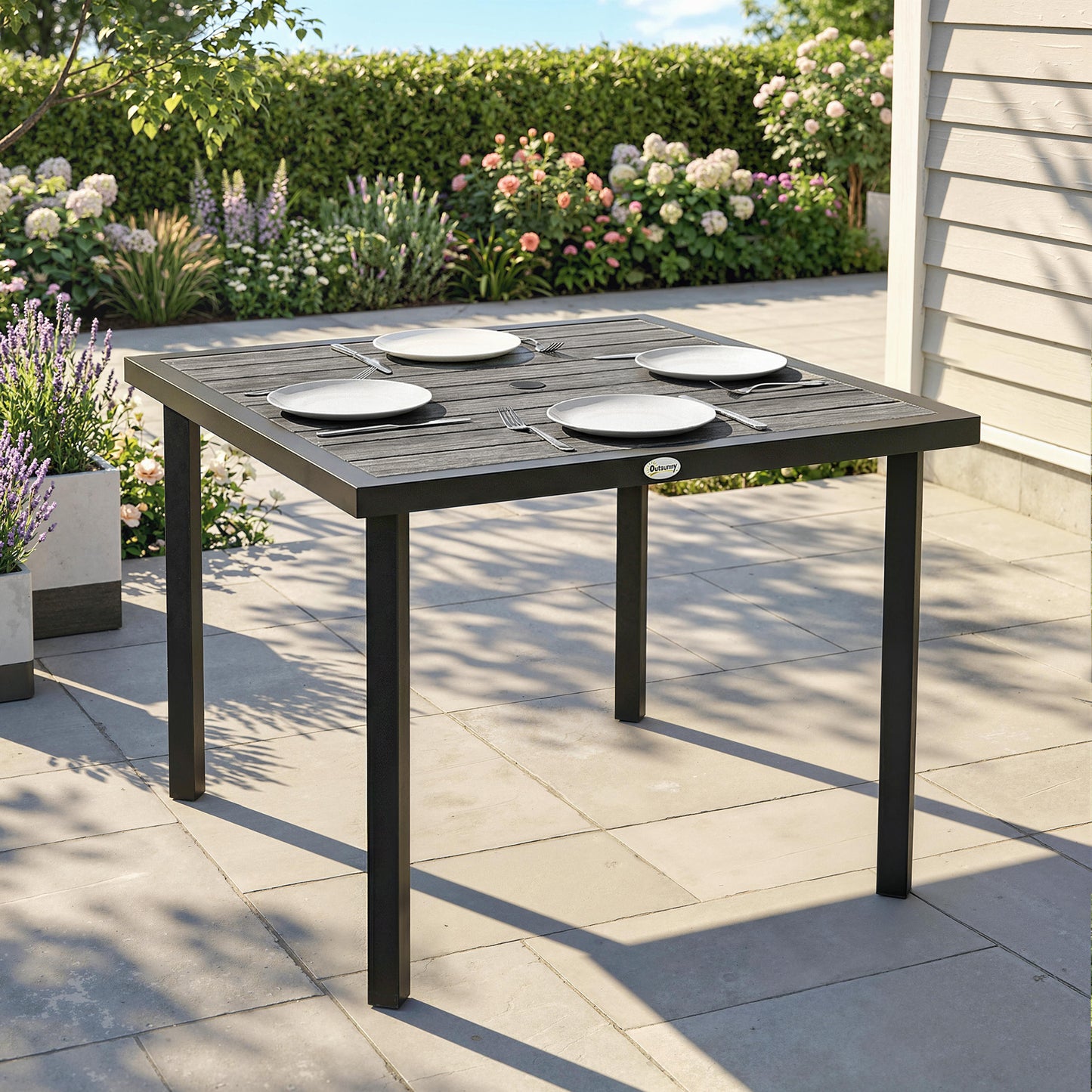 Outsunny Square Garden Dining Table with Parasol Hole, Slatted Top, Metal Frame, 86 x 86 x 71 cm, Light Grey