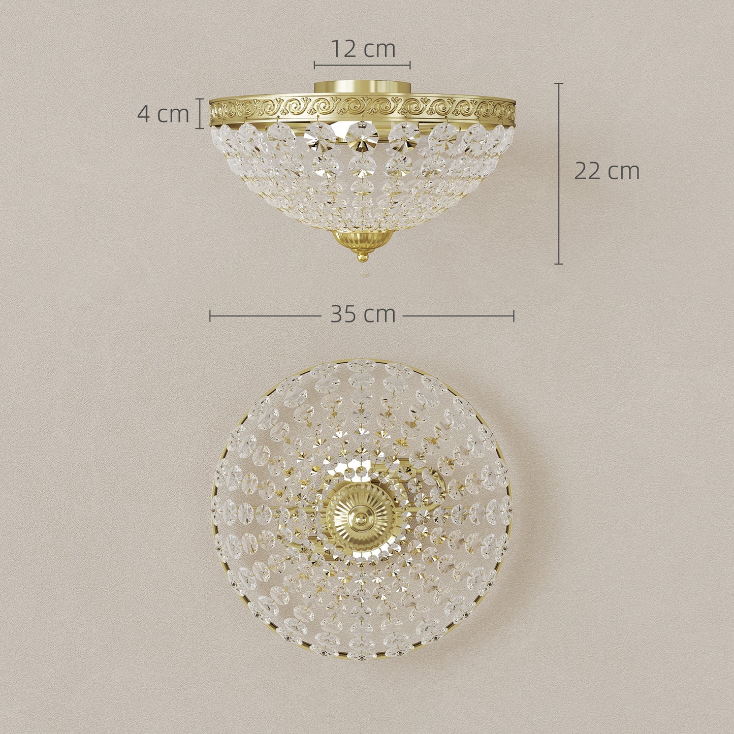 HOMCOM Crystal Chandelier Ceiling Light with 168 Octagonal Beads, Vintage 2-Light Flush Mount Ceiling Light for Living Room, Bedroom, Hallway, Dining Room, Gold Tone