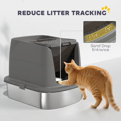 PawHut Large Stainless Steel Litter Box, Enclosed Metal Cat Litter Tray with Scoop, Deodoriser Bag, Front-Entry and Top-Exit
