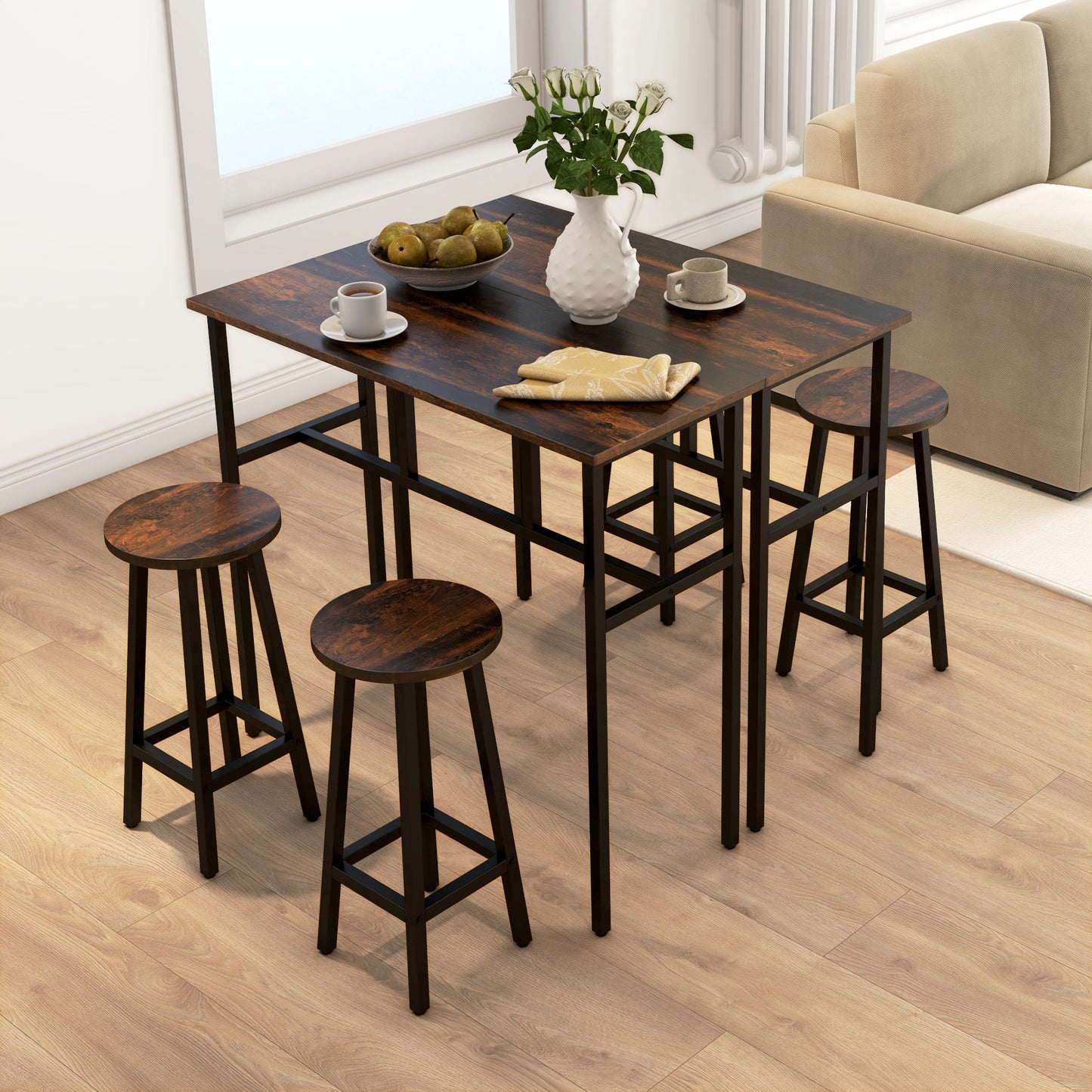 HOMCOM 6-Piece Bar Table Set, Counter Height Kitchen Dining Set with 2 High Tables & 4 Stools, Space Saving Compact Bar Furniture for Small Kitchens and Flats, Multiple Arrangements, Rustic Brown