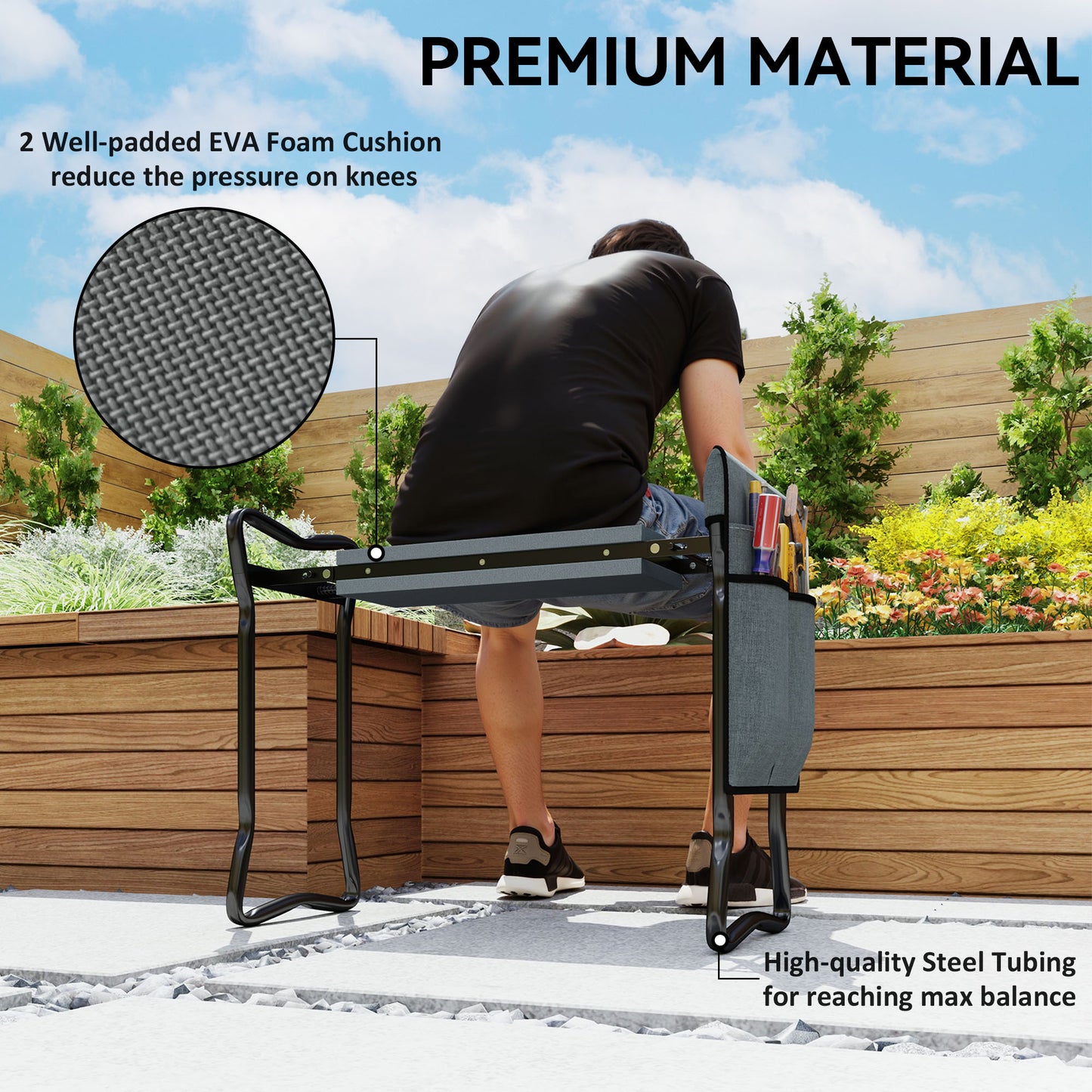 Outsunny Steel Frame Padded Garden Kneeler, with Tool Bag - Grey