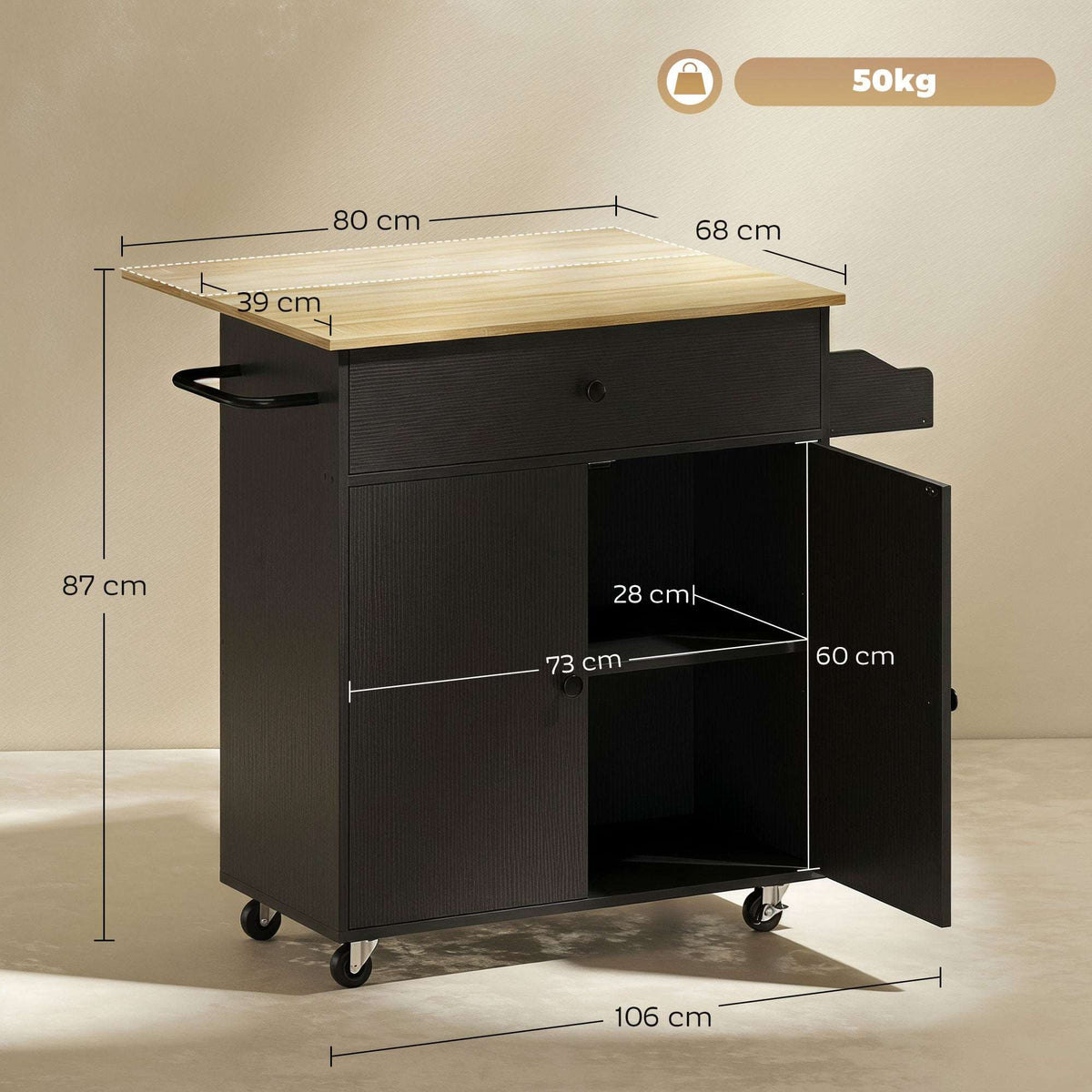 HOMCOM Kitchen Island with Drop Leaf, Rolling Kitchen Storage Trolley on Wheels with Drawer, Spice Rack and Towel Rack, Black