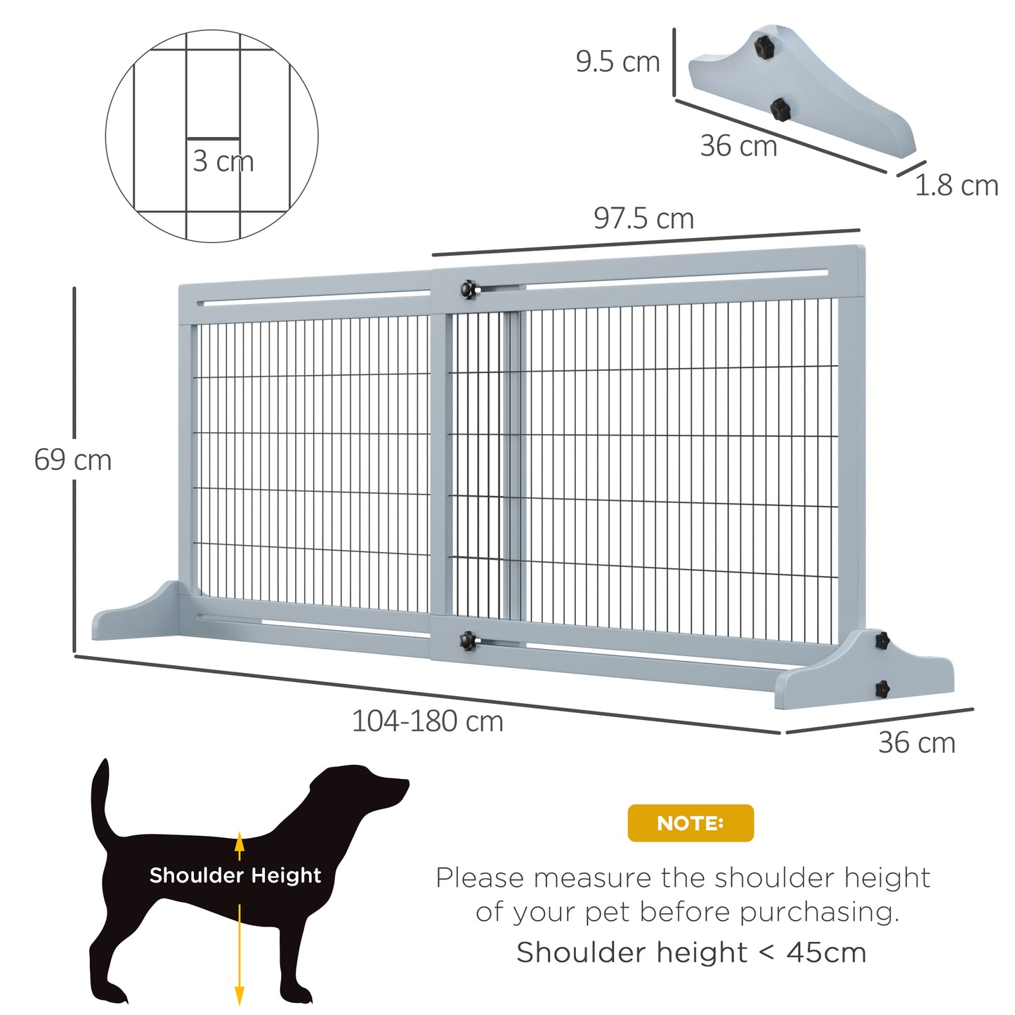 PawHut Freestanding Dog Gate, Foldable Pet Fence, Indoor Wood Barrier, Stair Gate with Support Feet, for Doorway, Hallway, Small and Medium Dogs, 69H x 104-180 cm, Blue-grey