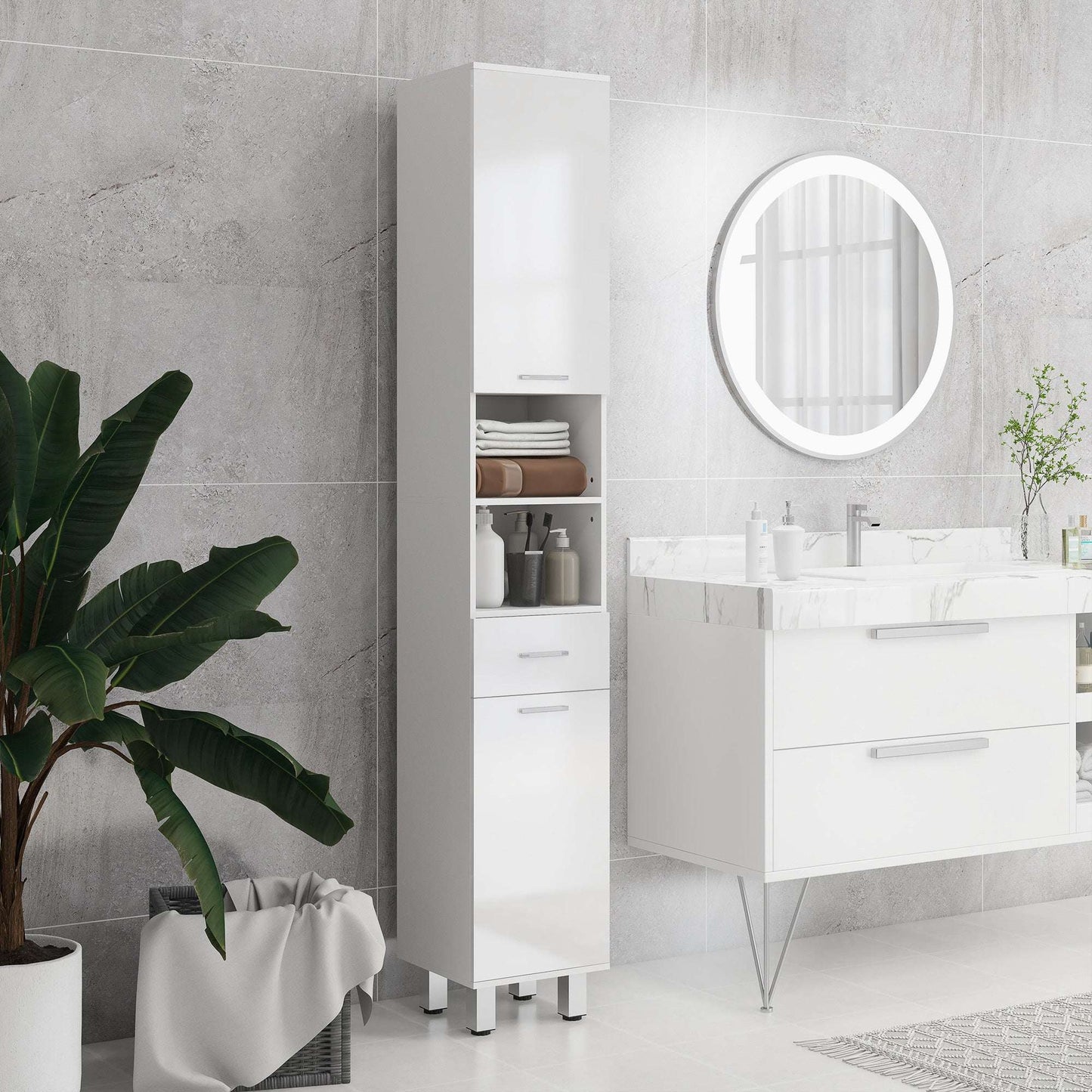 kleankin 71" Tall Slim Bathroom Storage Cabinet, Tall Narrow Cupboard with Drawer, Open Shelves, 2 Doors Cabinets and Adjustable Shelves for Kitchen, Hallway, Living Room, High Gloss White