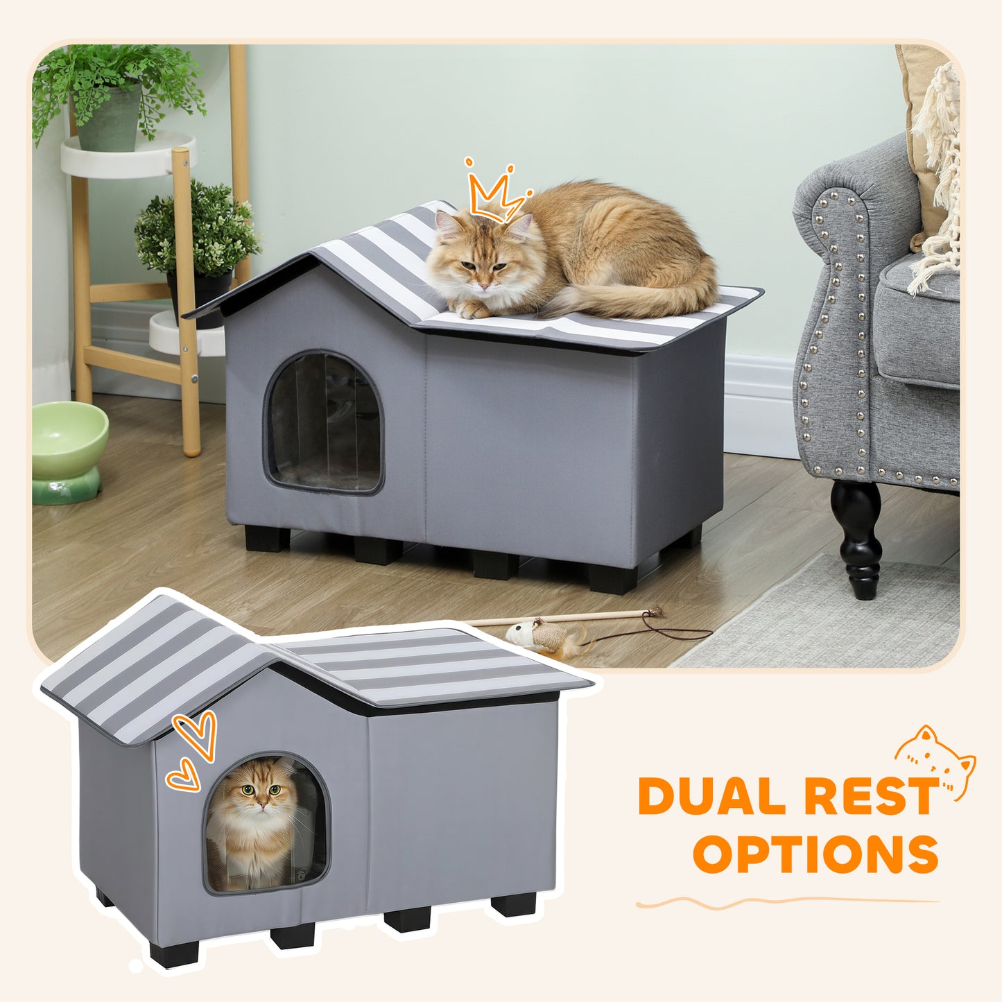 PawHut Outdoor Cat House, Weather Resistant Feral Cat Cave with Elevated Base and Cushion for Winter, Grey--ChewyGames-ChewyGames