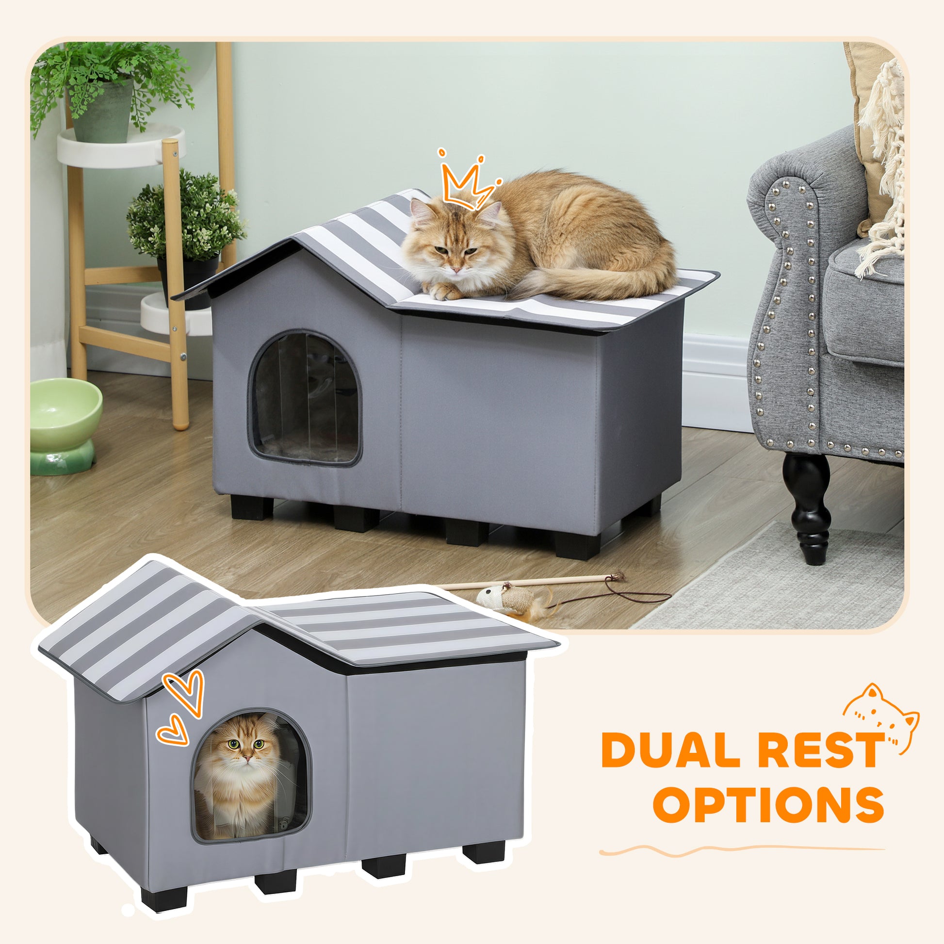 PawHut Outdoor Cat House, Weather Resistant Feral Cat Cave with Elevated Base and Cushion for Winter, Grey--ChewyGames-ChewyGames