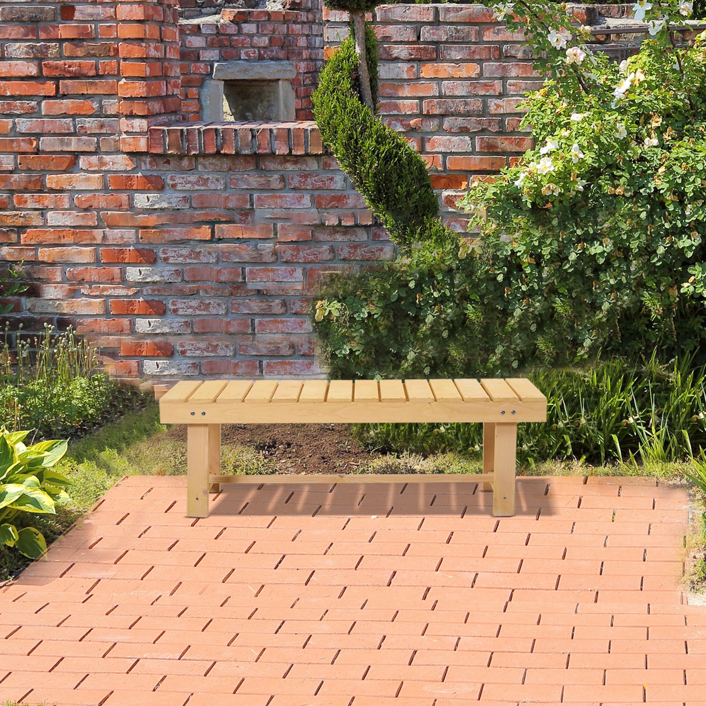 Outsunny Wooden Garden Benches, 2 Seater Outdoor Benches, Fir Wood Backless Patio Loveseat with Slatted Seat for Park, 110 x 38 x 35 cm, 5 Pieces, Natural Wood Finish