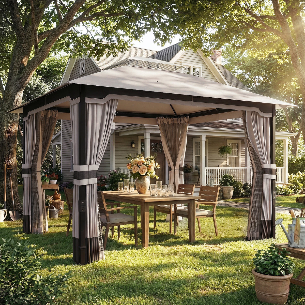 Outsunny 3 x 3.6 m Outdoor Garden Gazebo with Netting and Curtains, Double Roof Patio Gazebo Permanent Pavilion, Khaki