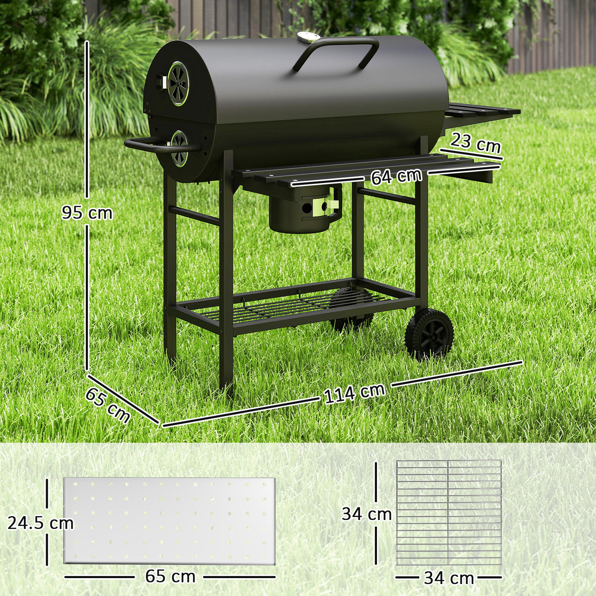 Outsunny Charcoal BBQ Grill with Foldable Front Side Shelf, Portable Barbecue Smoker with Warming Rack, Bottom Shelf, Lid, Temperature Gauge, Wheels for Outdoor Cooking Garden Party, Black