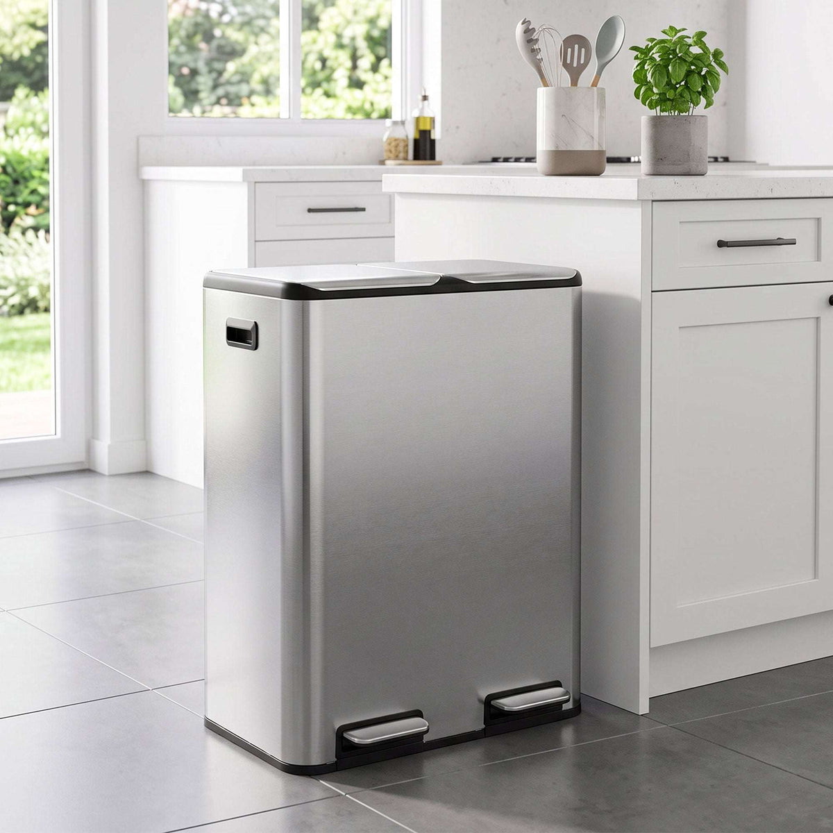 HOMCOM 2 x 30L Double Kitchen Bin, Stainless Steel Pedal Rubbish Bin with Dual Compartments, Soft Close Lids, Silver Tone