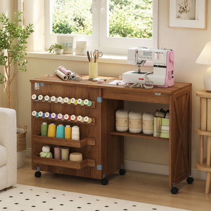 HOMCOM Folding Sewing Table, Rolling Craft Table with Storage compartments, Shelf and Lockable Casters for Small Spaces, Brown