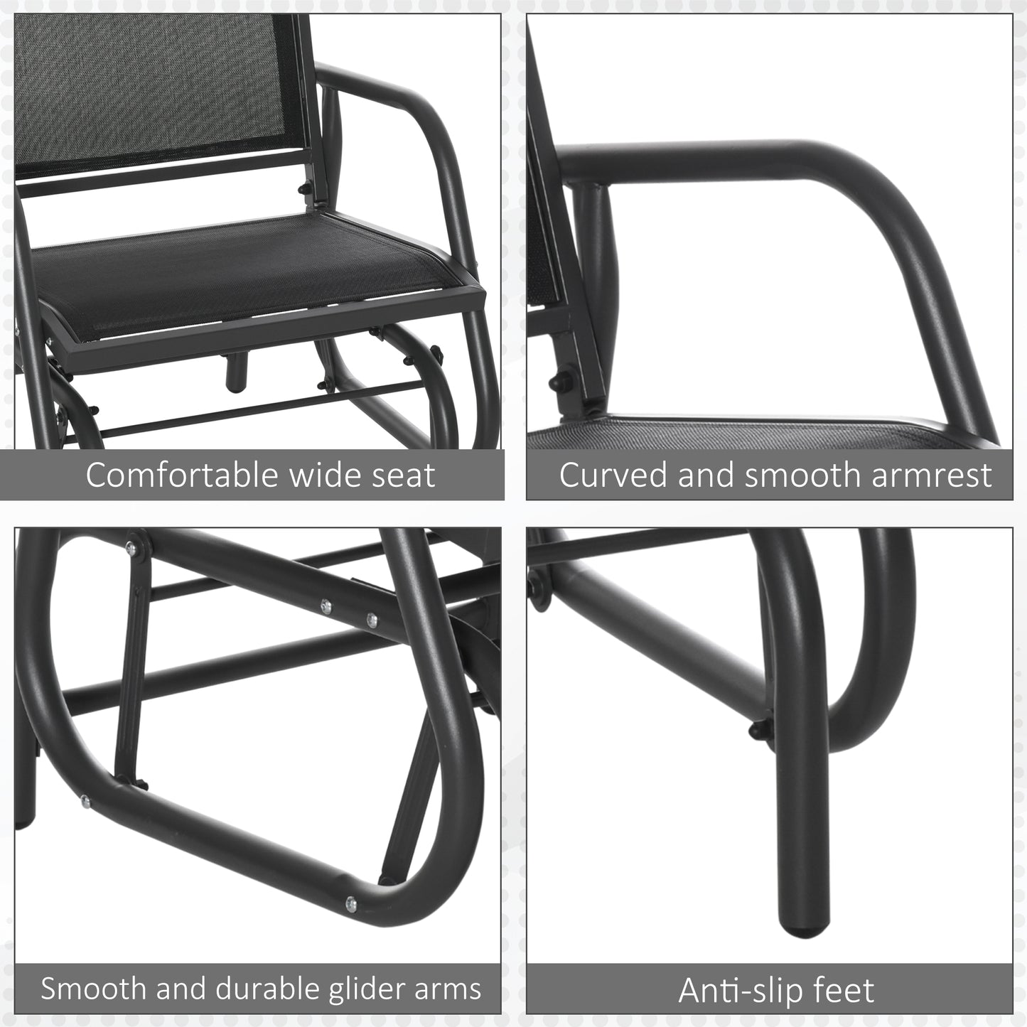 Outsunny Outdoor Garden Glider Chair, Metal Frame Single Armchair Swing Seater w/ Breath Mesh Fabric Seat, Curved Backrest, Armrests, for Living Room, Patio, Porch, Dark Grey
