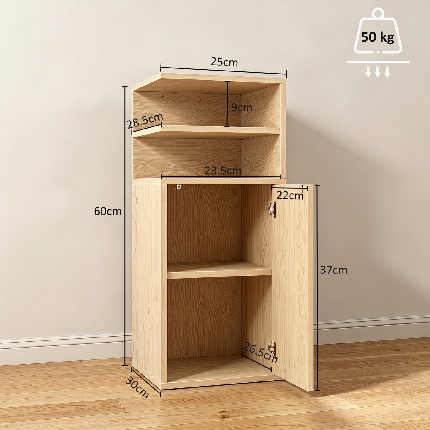 HOMCOM Slim Bedside Table Set of 2, Narrow Bedside Cabinet with Open Cubbies and Cupboard for Bedroom Living Room, Oak