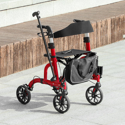 HOMCOM Lightweight Walking Frame, Folding Rollator Walker with Seat and Backrest, Red