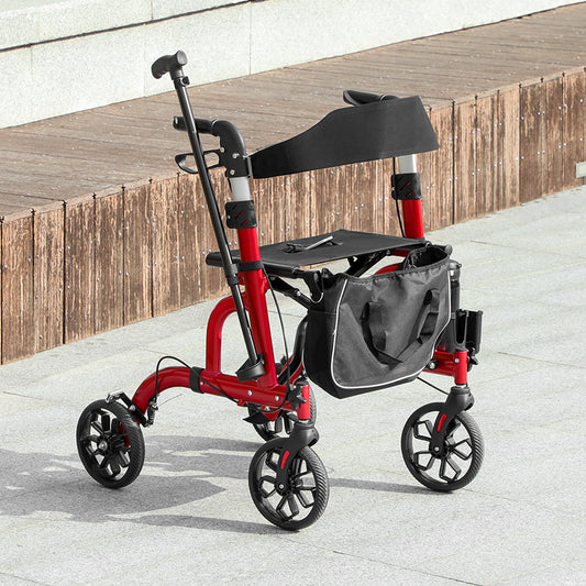 HOMCOM Lightweight Walking Frame, Folding Rollator Walker with Seat and Backrest, Red