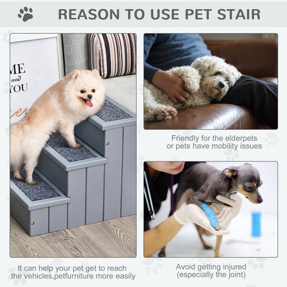 PawHut Dog Steps for Bed Sofa, 3 Step Wooden Dog Stairs for Sofa, Pet Stairs with Storage for Small Cats and Puppy, Grey