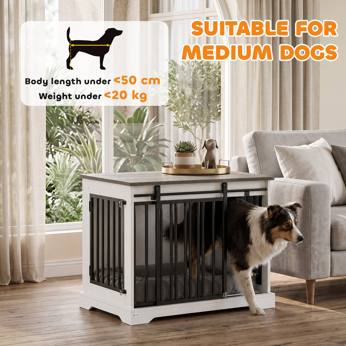 PawHut 80 cm Dog Crate Furniture with Sliding Barn Door for Medium Dogs, White