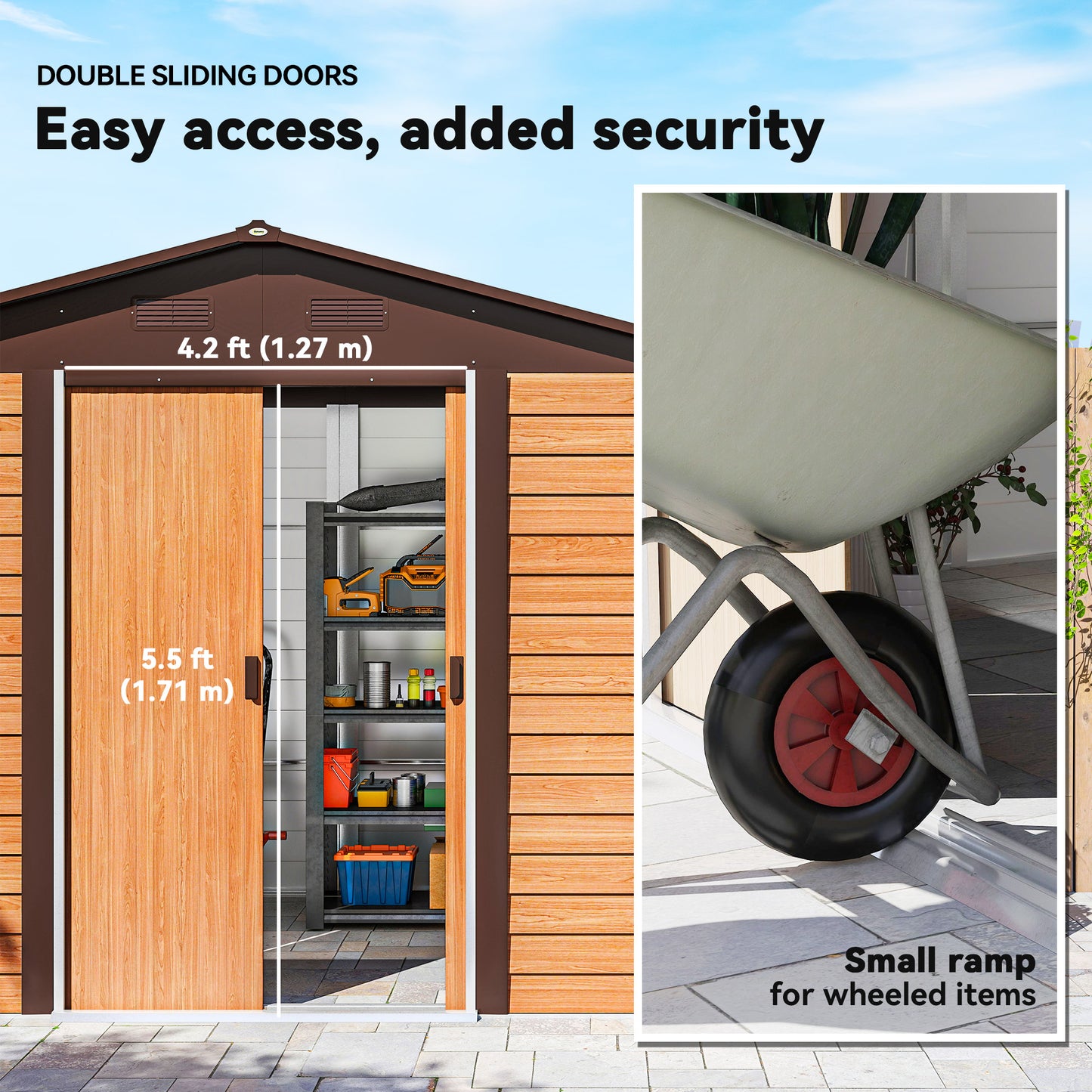 Outsunny 9 x 6ft Galvanised Steel Shed with Double Sliding Doors with 4 Ventilation Slots - Brown Wood-Effect