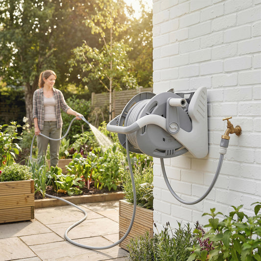 Outsunny Portable Garden Hose Reel, 20+2 m Wall Mounted Hose Reel with 2 Patterns Spray Nozzle and Crank Handle, Grey