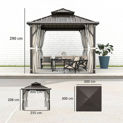Outsunny 3 x 3(m) Hardtop Gazebo Canopy with Double Metal Roof, Waterproof Permanent Pavilion Garden Gazebo with Netting and Curtains, Easy to Assemble, Beige
