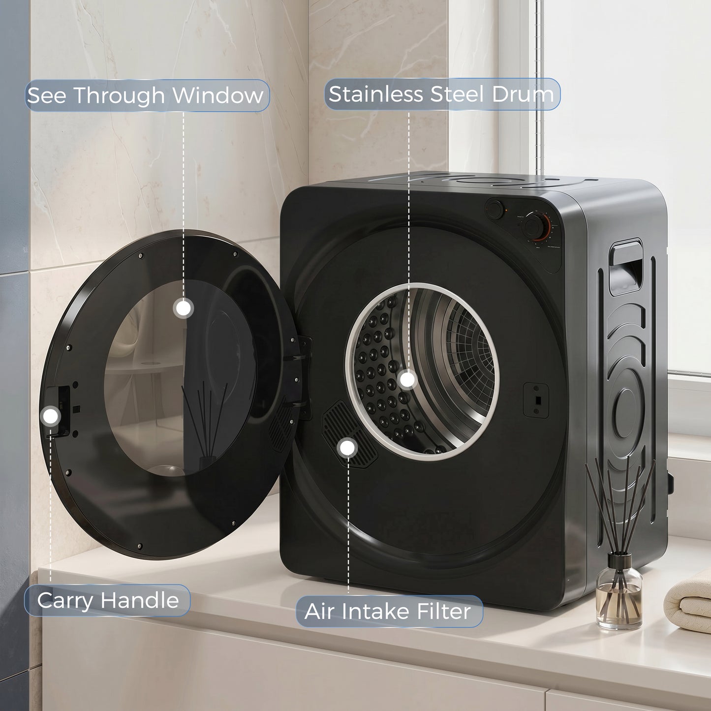 HOMCOM 5kg Vented Tumble Dryer, 1000W Compact Tumble Dryer with 5 Drying Modes, Stainless Steel Tub, Black
