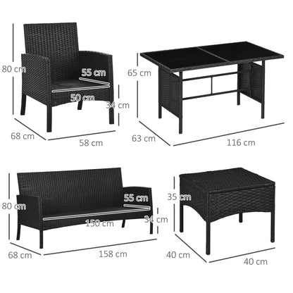 Outsunny 5 Seater Rattan Garden Furniture Set, 6 Piece Garden Sofa Set, Armchairs, 3-Seater Sofa, Footstools, Glass Dining Table, Cushions, Wicker Outdoor Furniture for Conservatory Patio, Cream