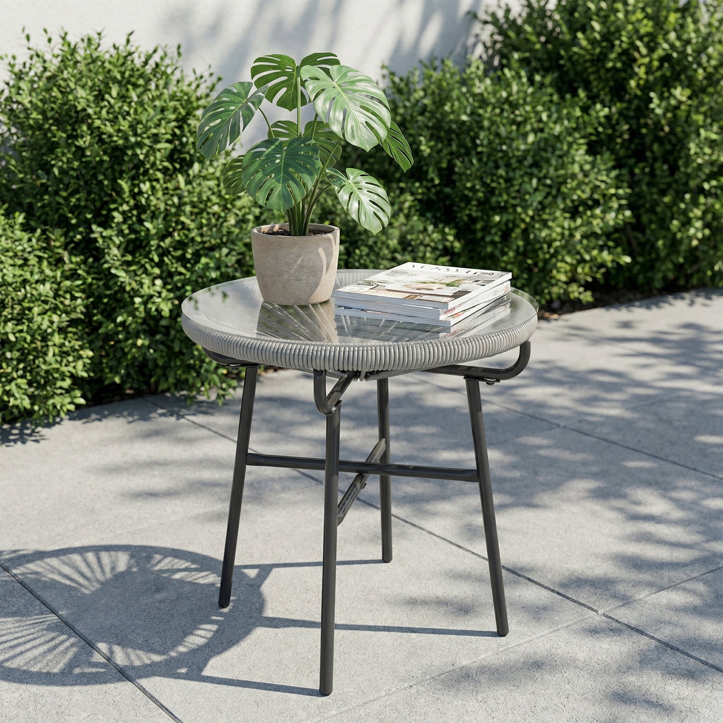 Outsunny Rattan Side Table, Round Outdoor Coffee Table, with Round PE Rattan and Tempered Glass Tabletop, Light Grey--ChewyGames-ChewyGames