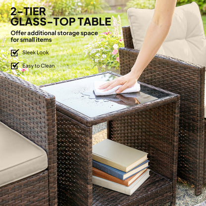 Outsunny Rattan Bistro Set, 3 Piece Garden Furniture Set with 2 Tier Glass Top Table and Cushions, Mixed Brown