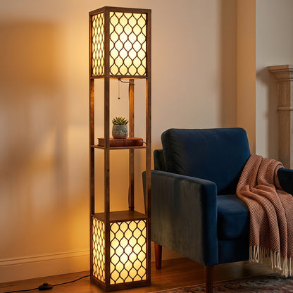 HOMCOM Floor Lamp with Shelves, Modern Tall Standing Lamp with Fabric Lampshades, Zipper Switch and Dual Light, Rustic Brown