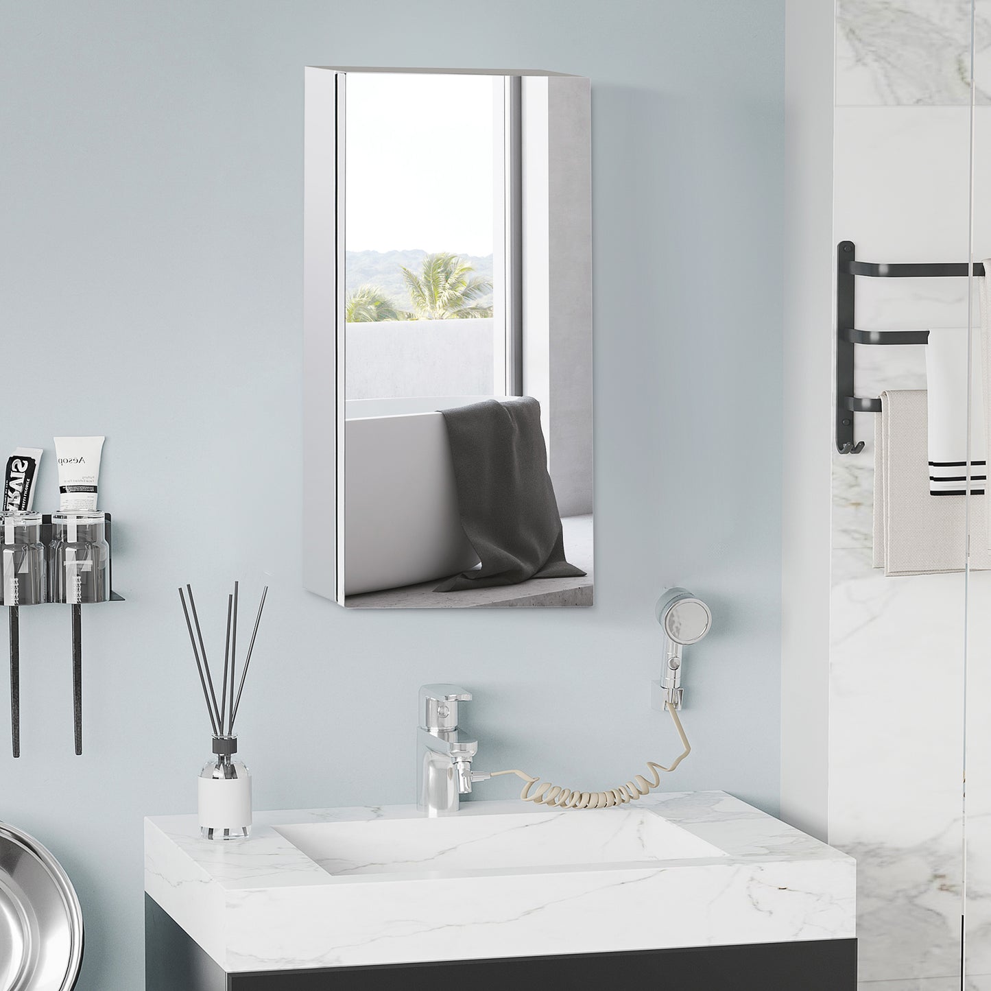 HOMCOM Stainless Steel Bathroom Mirror Cabinet, Wall Mounted Bathroom Cabinet with Mirror for Small Cloakroom Compact Space, 30 x 14 x 55 cm