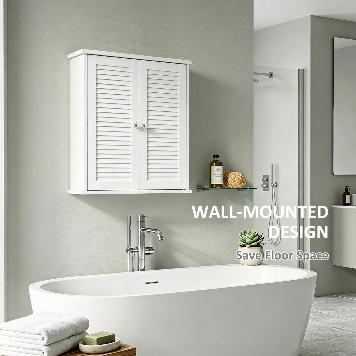 HOMCOM Bathroom Cabinet, Bathroom Wall Cabinet with Louvered Doors and Adjustable Shelf Storage for Kitchen, White