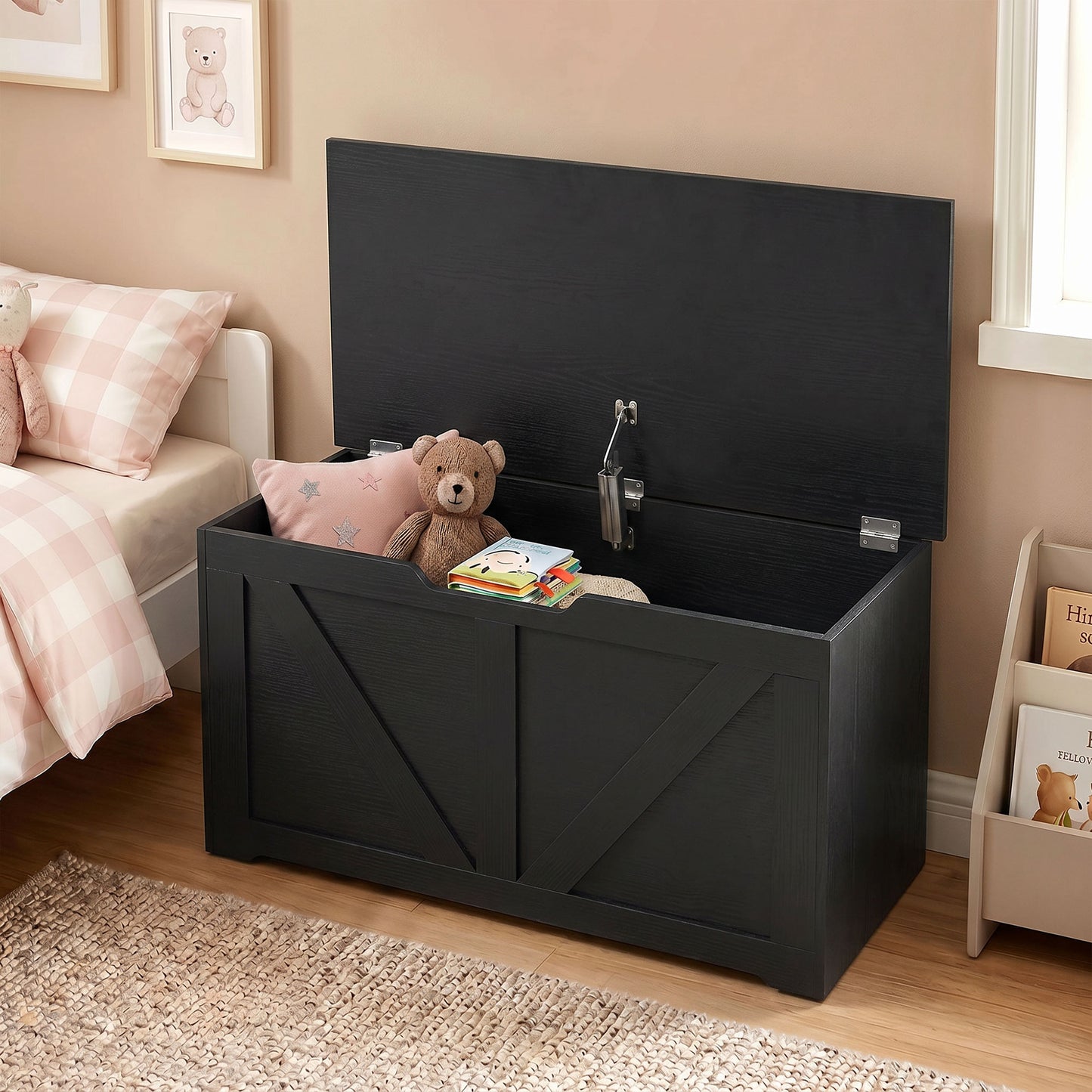 HOMCOM 100L Home Storage Box, with Safety Hinge - Black Wood-Effect