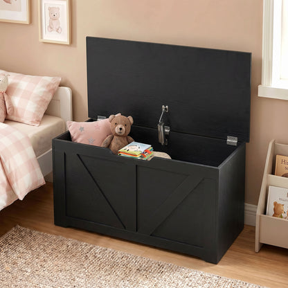 HOMCOM 100L Home Storage Box, with Safety Hinge - Black Wood-Effect