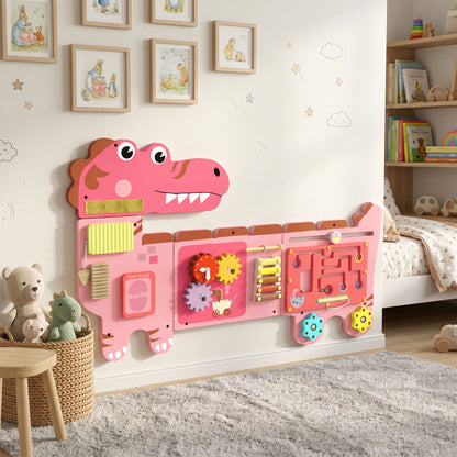 AIYAPLAY Busy Board Panels, Wall Mounted Montessori Inspired Busy Board, Toddler Learning Centre Dinosaur Theme, Pink