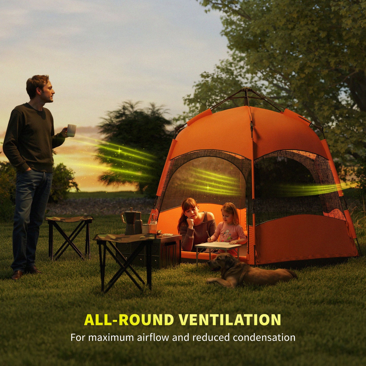 Outsunny Six Man Hexagon Camping Tent with Hang Hook and Carry Bag - Orange and Blue