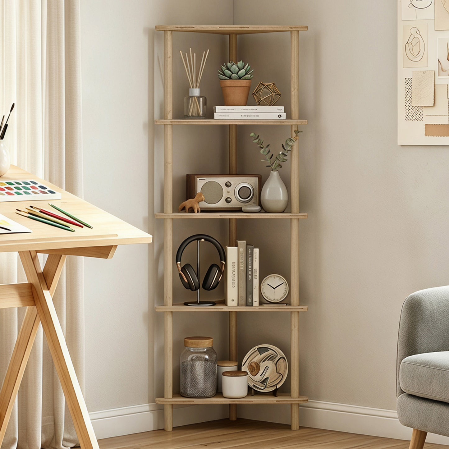 HOMCOM Bamboo Storage Shelf, 5-tier Corner Shelf, Freestanding Shelving Unit for Living Room, Home Office, Natural Wood Finish