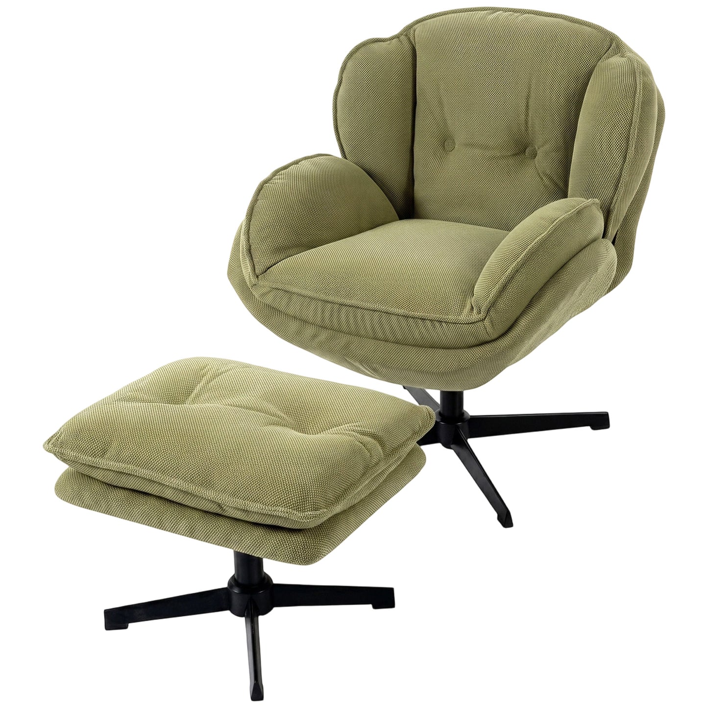 HOMCOM Armchair with Adjustable Footstool, 360° Swivel Chenille Cloud Accent Chair with Thick Cushion, Steel Base, Green