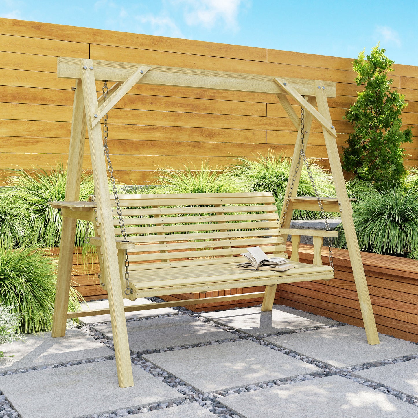 Outsunny Three-Seater Wooden Swing Bench