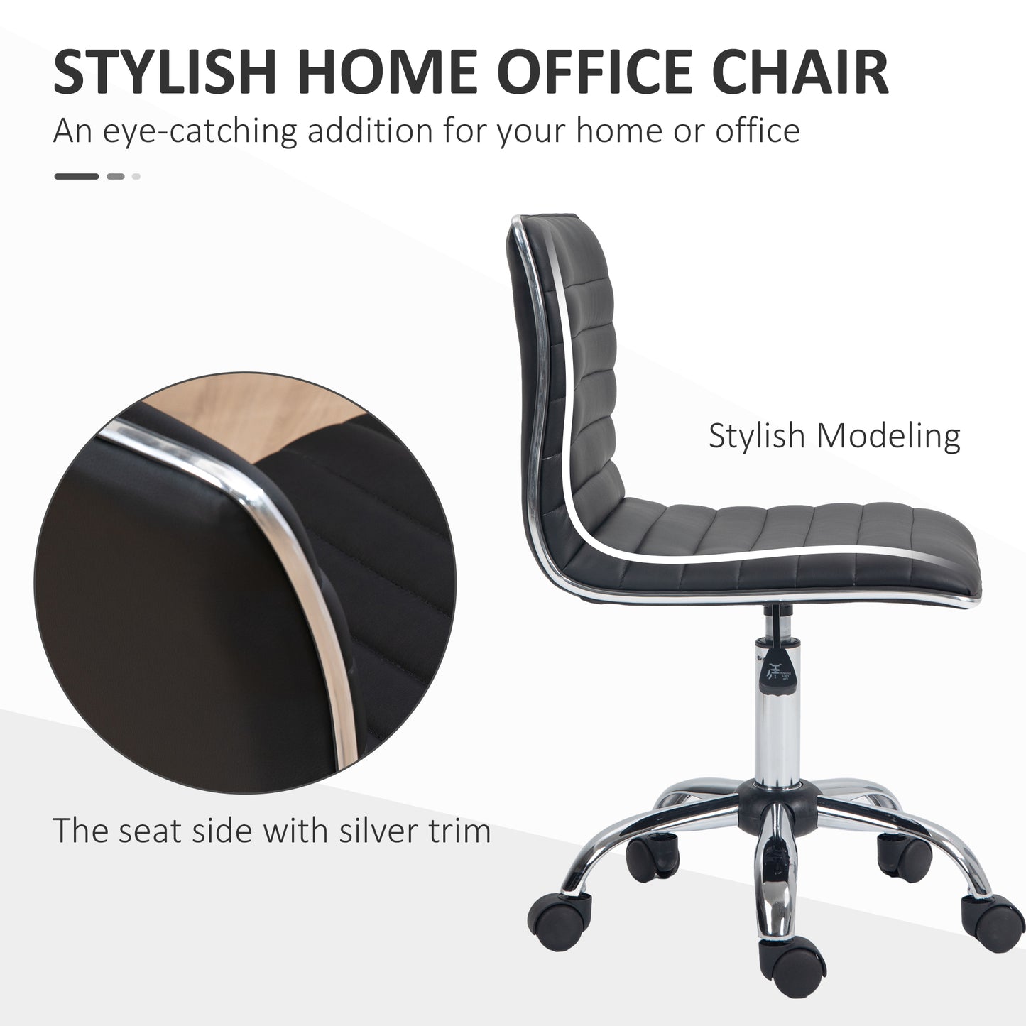 HOMCOM Armless Task Desk Chair, Swivel Office Chair with Faux Leather, Adjustable Seat Height, Chrome Base, Wheels for Home, Black