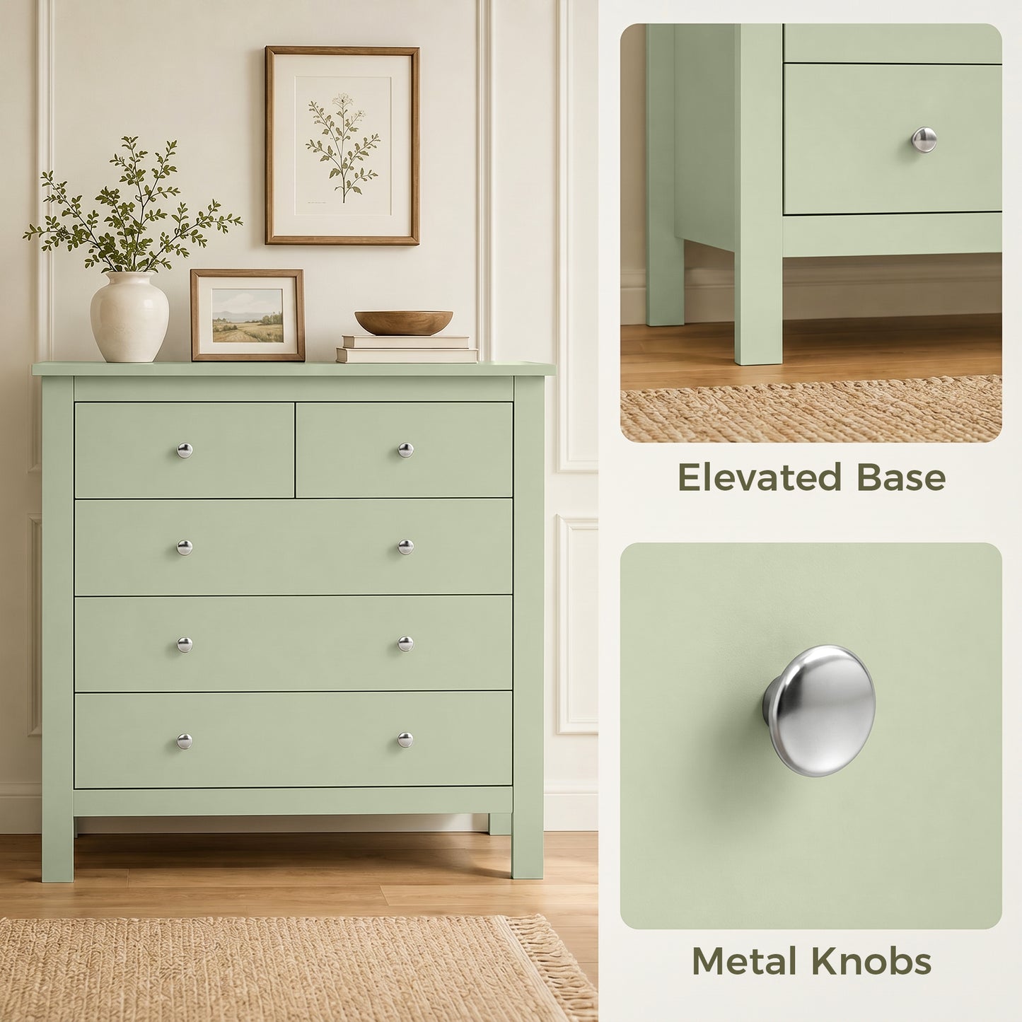 HOMCOM 5 Drawer Chest of Drawers, Modern Dresser for Bedroom, Bedside Storage Cabinet, Wide Storage Unit with Glide Runners for Living Room, Hallway, Closet, 79 x 39.5 x 80.5 cm, Sage Green