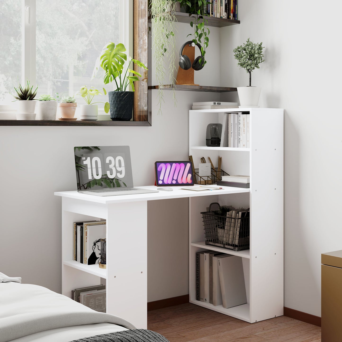 HOMCOM 120cm Computer Desk, Wooden PC Laptop Table with 6-Tier Storage Bookshelves, Home Office Working Study Desk, Writing Workstation, White