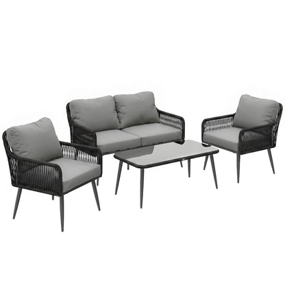 Outsunny Rattan Garden Furniture Set, 4 Piece Outdoor Patio Furniture with Tempered Glass Table and Chairs, Indoor Balcony Conservatory Set