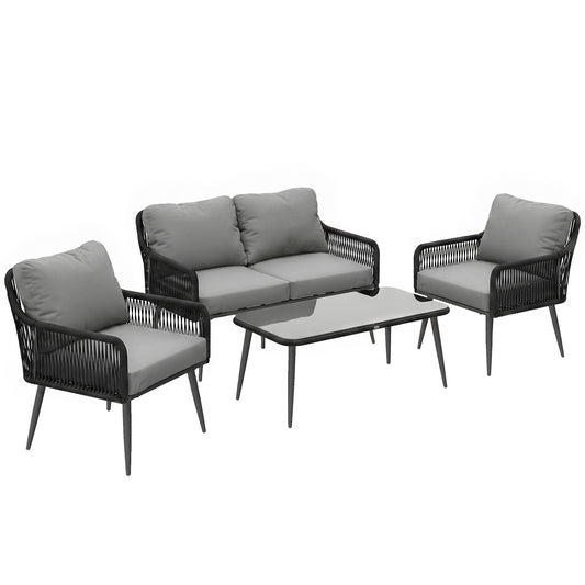 Outsunny Rattan Garden Furniture Set, 4 Piece Outdoor Patio Furniture with Tempered Glass Table and Chairs, Indoor Balcony Conservatory Set