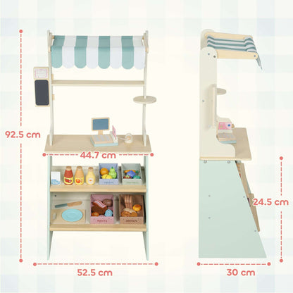 AIYAPLAY Wooden Toy Shop, Wooden Market Stall with Cash Register, Blackboard and Toy Food, 4 Storage Boxes, Ages 3+, Green