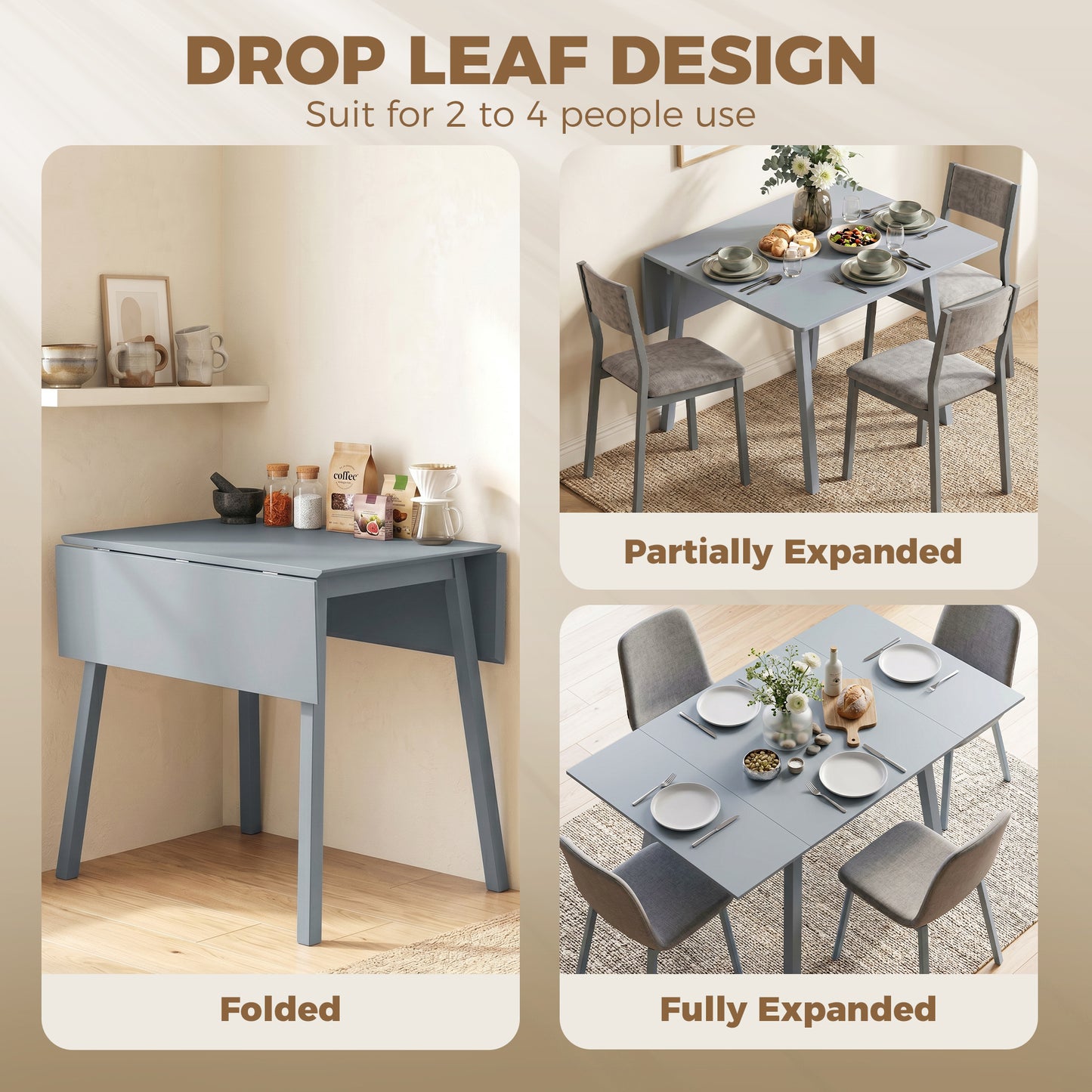 HOMCOM Solid Wood Folding Dining Table, Drop Leaf Table for 2-4 People,  Rectangle Kitchen Table